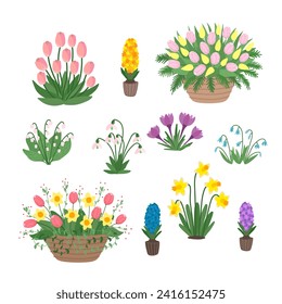 Frühlingsblumen einzeln auf einem flachen Cartoon-Design. Bündel von ersten Feldblumen und Bouquet-Körben, Tulpe, Narzissen, Hyazinthen, Schneeköpfe, Safran u.a. Botanische Vektorgrafik