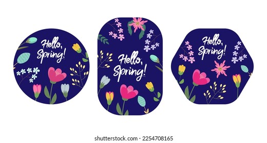 Las etiquetas de las flores de primavera. Banner de flores de primavera. Ilustración del vector