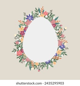 Spring flowers and leaves around egg shaped frame. Background for postcard design, invitations, congratulations. Cute eastern concept composition