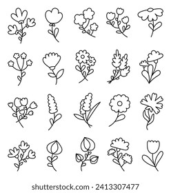 Spring flowers with leaves. Coloring Page. Botanical leaf. Hand drawn style. Vector drawing. Collection of design elements.