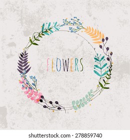 Spring flowers, leaves, dandelion, grass on a vintage background. Design for invitation, wedding or greeting cards.