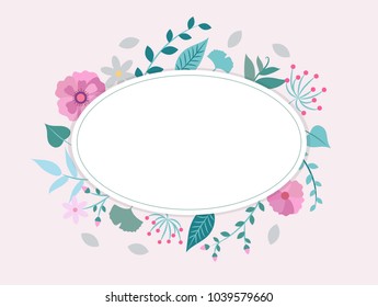 Spring flowers and leaves frame, vector illustration design template with copy space