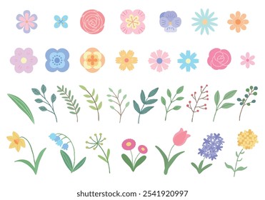 Flores de primavera e folhas ilustração conjunto