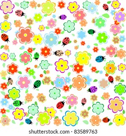 spring flowers with leaves and ladybugs on white background. vector