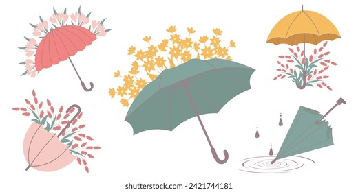 Spring flowers, leaves near an umbrella. Banner, card, poster, vector illustration.