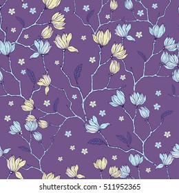 Spring flowers with leaves on a purple background. Vector.