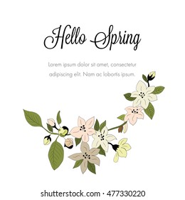 Spring flowers and leaves on tree. Vector card template where you can place your text