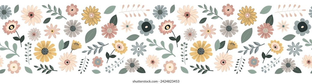 Spring flowers and leaves seamless border pattern in pastel scandinavian palette. Isolated on white background. Minimalistic abstract floral pattern. Design for textile, wallpaper