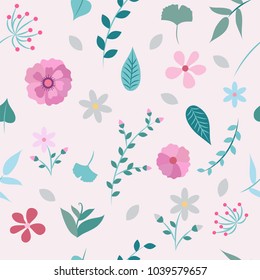 Spring flowers and leaves seamless pattern - different types of flowers and leaves, vector illustration design template