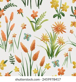 spring flowers and leaves seamless pattern 