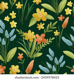 spring flowers and leaves seamless pattern 