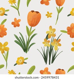 spring flowers and leaves seamless pattern 