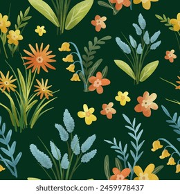 spring flowers and leaves seamless pattern 