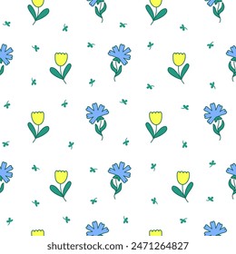 Spring flowers with leaves. Seamless pattern. Botanical leaf. Hand drawn style. Vector drawing. Design ornaments.