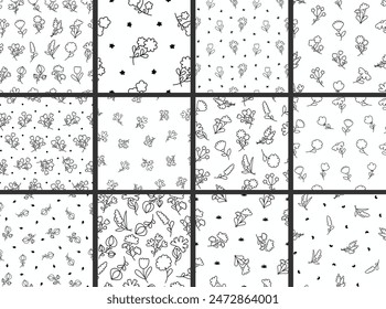 Spring flowers with leaves. Seamless pattern. Coloring Page. Botanical leaf. Hand drawn style. Vector drawing. Collection of design ornaments.