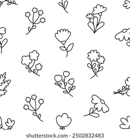 Frühlingsblumen mit Blättern. Nahtloses Muster. Malvorlage. Botanisches Blatt. Handgezeichneter Stil. Vektorgrafik. Gestalten Sie Ornamente.