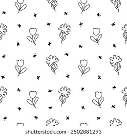 Flores de primavera con hojas. Patrón sin fisuras. Página para colorear. Hoja botánica. Estilo dibujado a mano. Dibujo de Vector. Diseña adornos.