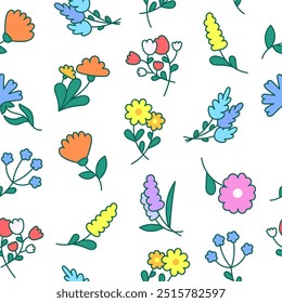 Spring flowers with leaves. Seamless pattern. Botanical leaf. Hand drawn style. Vector drawing. Design ornaments.