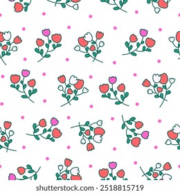 Flores de primavera com folhas. Padrão contínuo. Folha botânica. Estilo desenhado à mão. Desenho vetorial. Desenhar ornamentos.