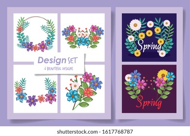 Spring flowers and leaves set design, Natural floral nature plant ornament garden decoration and botany theme Vector illustration