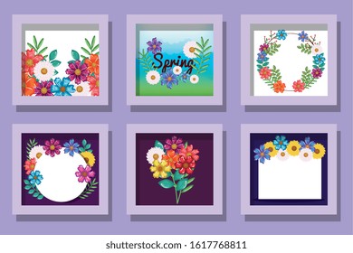 Spring flowers and leaves set design, Natural floral nature plant ornament garden decoration and botany theme Vector illustration