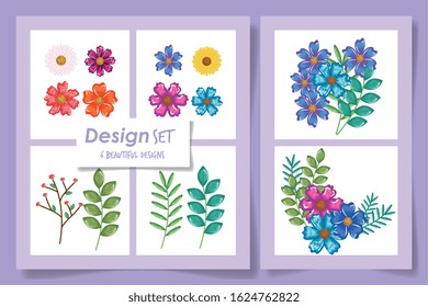 Spring flowers and leaves set design, Natural floral nature plant ornament garden decoration and botany theme Vector illustration
