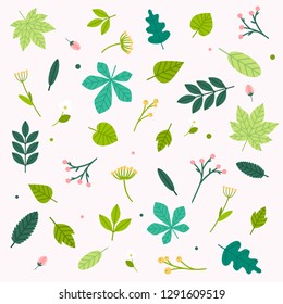 Spring flowers and leaves set. Flat design modern vector illustration concept.
