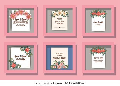 Spring flowers and leaves set over pink background design, Natural floral nature plant ornament garden decoration and botany theme Vector illustration