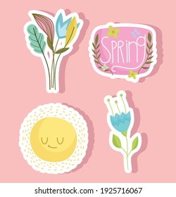 spring flowers leaves sun decoration season icons vector illustration