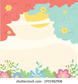 Flores de primavera hojas árboles y diseño de marcos solares, jardín de adorno floral natural de temporada y tema de decoración Ilustración vectorial