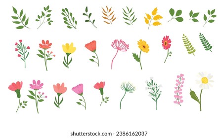 Spring flowers and leaves vector set. Floral collection. Flowers and plants clip art. Flat vector in cartoon style isolated on white background.