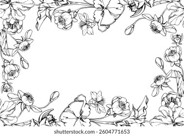 Spring flowers with leaves, white forest cloudberry apple cherry sakura anemone primrose ephemera, hand drawn vector ink. Border frame isolated illustration, for wedding, florist shop, scrapbooking