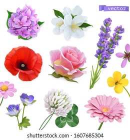 Spring flowers. Lilac, jasmine, poppy, rose, lavender, clover, chamomile. Vectorized image. Miscellaneous 3d realistic vector objects. Nature icon set - Shutterstock ID 1607685304