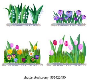 Flores primaverales lirio del valle, crocus y tulipanes bordes aislados en blanco.