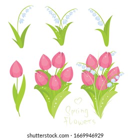 Flores de primavera lirio del valle puede flor tulipán vectorial