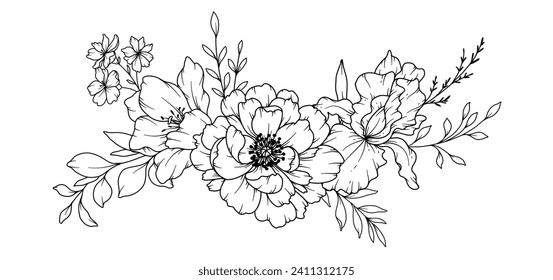 Spring Flowers Line Drawing. Black and white Floral Bouquets. Flower Coloring Page. Floral Line Art. Fine Line Flowers illustration. Hand Drawn flowers. Botanical Coloring. Wedding invitation flowers