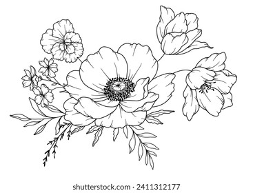 Spring Flowers Line Drawing. Black and white Floral Bouquets. Flower Coloring Page. Floral Line Art. Fine Line Flowers illustration. Hand Drawn flowers. Botanical Coloring. Wedding invitation flowers