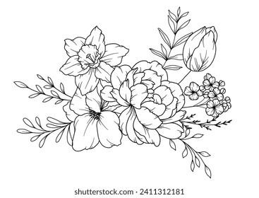 Spring Flowers Line Drawing. Black and white Floral Bouquets. Flower Coloring Page. Floral Line Art. Fine Line Flowers illustration. Hand Drawn flowers. Botanical Coloring. Wedding invitation flowers