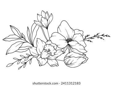 Spring Flowers Line Drawing. Black and white Floral Bouquets. Flower Coloring Page. Floral Line Art. Fine Line Flowers illustration. Hand Drawn flowers. Botanical Coloring. Wedding invitation flowers