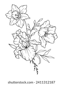 Spring Flowers Line Drawing. Black and white Floral Bouquets. Flower Coloring Page. Floral Line Art. Fine Line Flowers illustration. Hand Drawn flowers. Botanical Coloring. Wedding invitation flowers