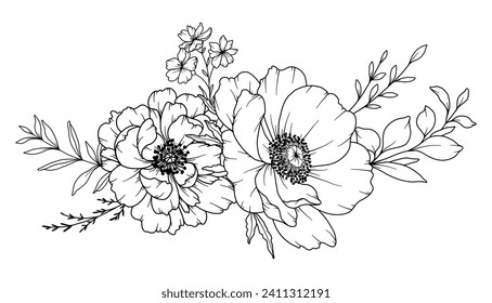 Spring Flowers Line Drawing. Black and white Floral Bouquets. Flower Coloring Page. Floral Line Art. Fine Line Flowers illustration. Hand Drawn flowers. Botanical Coloring. Wedding invitation flowers