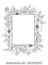 Spring Flowers Line Drawing. Black and white Floral Frames. Floral Line Art. Fine Line Flowers illustration. Hand Drawn Outline flowers. Botanical Coloring Page. Wedding invitation flowers
