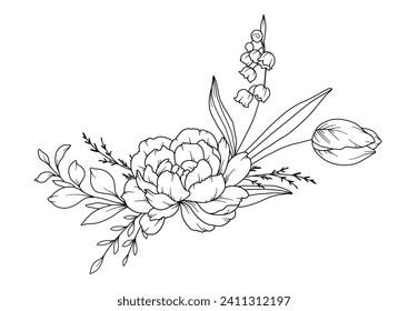 Spring Flowers Line Drawing. Black and white Floral Bouquets. Flower Coloring Page. Floral Line Art. Fine Line Flowers illustration. Hand Drawn flowers. Botanical Coloring. Wedding invitation flowers