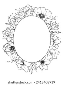 Spring Flowers Line Drawing. Black and white Floral Frames. Floral Line Art. Fine Line Flowers illustration. Hand Drawn Outline flowers. Botanical Coloring Page. Wedding invitation flowers