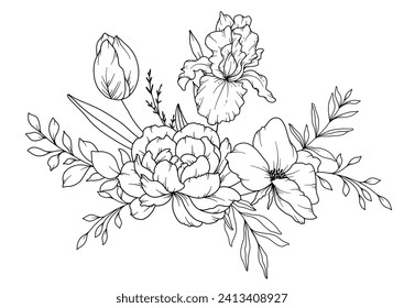 Dibujo de líneas de las flores de primavera. Bouquets florales en blanco y negro. Página Coloración de Flores. Ilustración de Floral Line Art. Fine Line Flowers. Flores dibujadas a mano. Colores botánicos. Flores de invitación a la boda