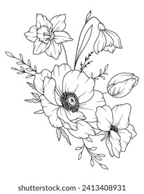 Spring Flowers Line Drawing. Black and white Floral Bouquets. Flower Coloring Page. Floral Line Art. Fine Line Flowers illustration. Hand Drawn flowers. Botanical Coloring. Wedding invitation flowers