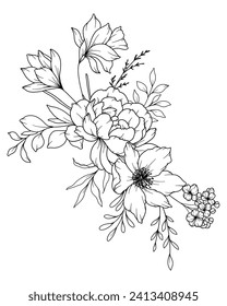 Dibujo de líneas de las flores de primavera. Bouquets florales en blanco y negro. Página Coloración de Flores. Ilustración de Floral Line Art. Fine Line Flowers. Flores dibujadas a mano. Colores botánicos. Flores de invitación a la boda