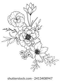 Spring Flowers Line Drawing. Black and white Floral Bouquets. Flower Coloring Page. Floral Line Art. Fine Line Flowers illustration. Hand Drawn flowers. Botanical Coloring. Wedding invitation flowers