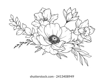 Spring Flowers Line Drawing. Black and white Floral Bouquets. Flower Coloring Page. Floral Line Art. Fine Line Flowers illustration. Hand Drawn flowers. Botanical Coloring. Wedding invitation flowers