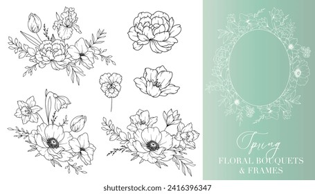 Dibujo de líneas de las flores de primavera. Marcos florales y Bouquets. Arte De Línea Floral. Marco De Primavera De Línea Fina Ilustración Dibujada A Mano. Flores de contorno dibujadas a mano. Elemento de diseño Invitaciones a bodas y tarjetas